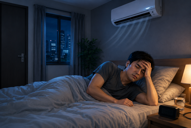 Ngủ trong phòng điều hòa đóng kín cửa mà không có gió tươi khiến mệt mỏi. Ảnh: Chat GPT