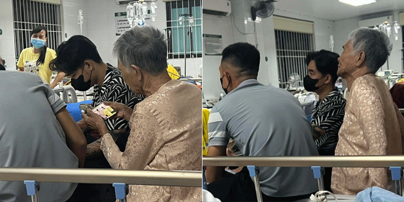 Chàng trai và một thành viên khác trong gia đình ân cần chăm sóc bà. Ảnh: Hoàng Trang