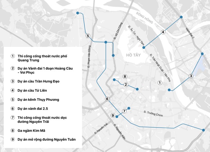 Các công trình đang thi công tại trung tâm Thủ đô. Đồ họa: Tùng Chi
