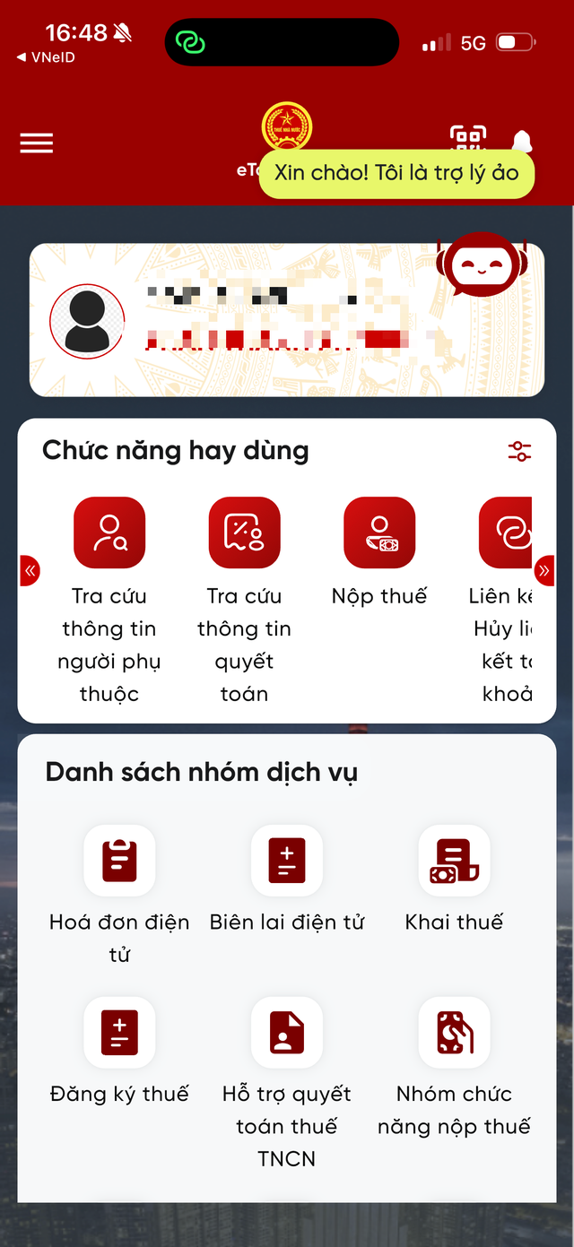Ứng dụng eTax Mobile. Ảnh chụp màn hình.