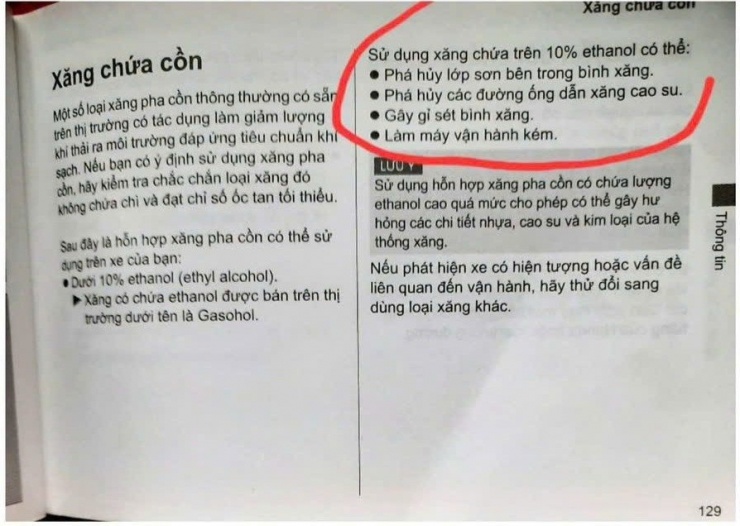 Sách hướng dẫn của một hãng xe đối với việc sử dụng nhiên liệu là xăng chứa cồn được chia sẻ trên mạng xã hội.