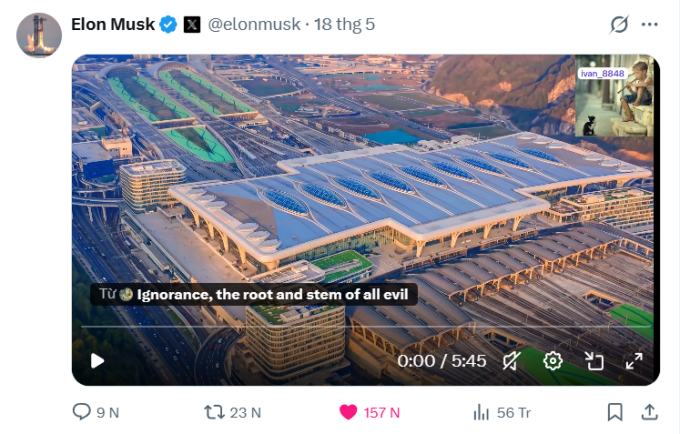 Tỷ phú Elon Musk chia sẻ video về quá trình xây dựng ga Đông Trùng Khánh trên tài khoản X ngày 18/5, thu hút hơn 56 triệu lượt xem. Ảnh: X/Elon Musk