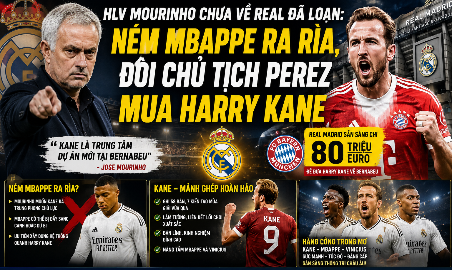 HLV Mourinho muốn tái hợp Kane ở Real Madrid
