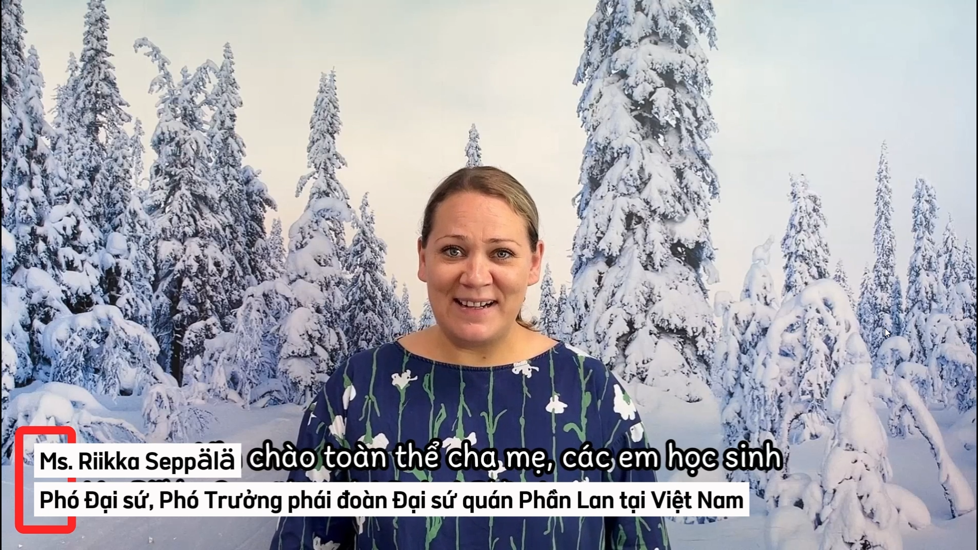 Bà Riikka Seppälä – Phó Đại sứ, Phó Trưởng phái đoàn Đại sứ quán Phần Lan tại Việt Nam phát biểu thông qua video tại lễ Vinh danh trực tuyến.