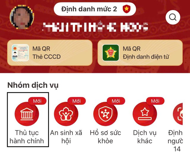 Giao diện ứng dụng VNeID với tài khoản định danh điện tử mức 2, tích hợp nhiều nhóm dịch vụ công phục vụ người dân. Ảnh: Đan Tâm.