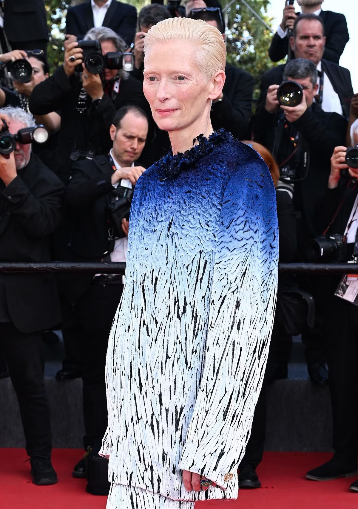 Tilda Swinton chọn phong cách tinh tế với bộ suit quần chuyển sắc từ xanh sang bạc của Chanel, tạo hiệu ứng như lông vũ.