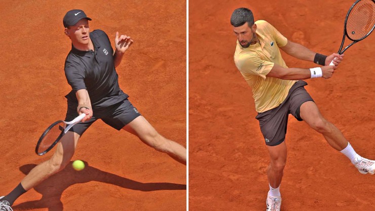 Djokovic (áo vàng) phải vượt qua nhiều trận đấu khó khăn nếu muốn gặp Sinner (áo đen) ở chung kết