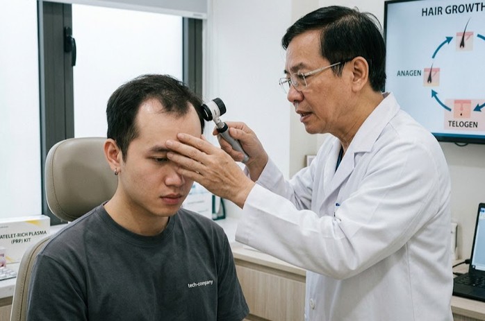 Stress, thức khuya khiến nhiều người trẻ rụng tóc, hói đầu. Ảnh minh hoạ
