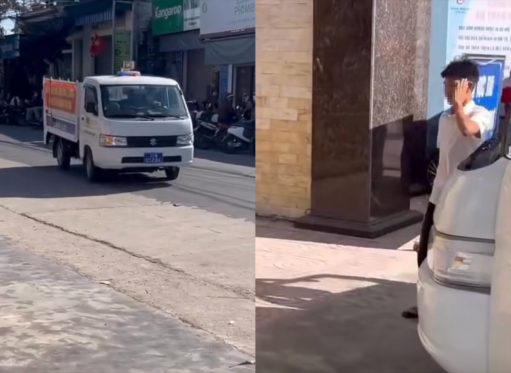 Nam sinh ngủ quên được lực lượng công an xã dùng xe chuyên dụng đưa tới điểm thi kịp thời. Ảnh cắt từ clip