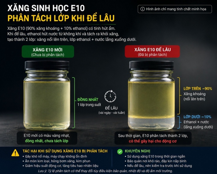 Xăng E10 bị phân tách lớp khi để lâu không dùng. Ảnh minh họa: Soixe