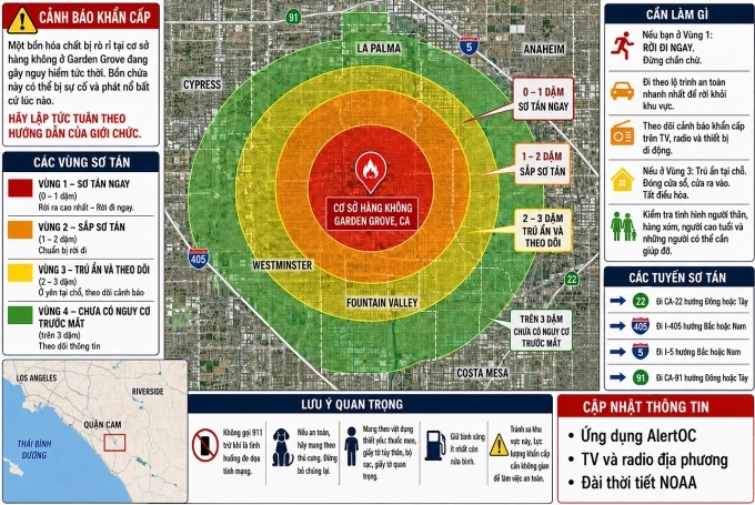 Bản đồ sơ tán sự cố rò rỉ hóa chất ở quận Cam. Đồ họa: NOAA