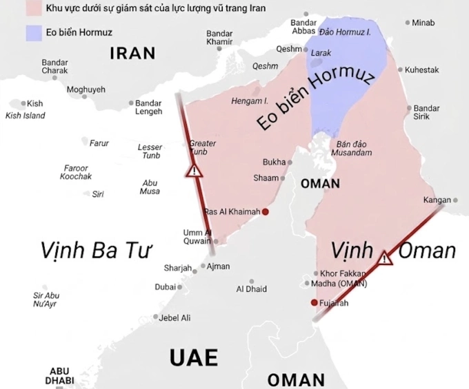 Bản đồ phạm vi kiểm soát của Iran đối với eo biển Hormuz và các vùng biển tiếp giáp. Đồ họa: X/PGSA