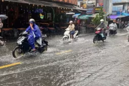 Mưa 'vàng' giải nhiệt gây ngập trên phố đi bộ ở trung tâm TPHCM
