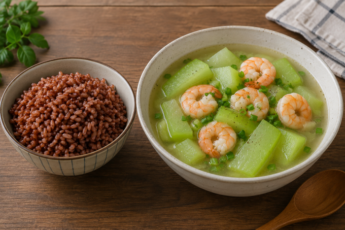 Canh bí xanh nấu tôm ăn kèm cơm gạo lứt. Ảnh: Vicky Pham