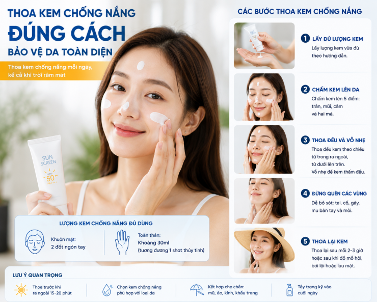 Sử dụng kem chống nắng đúng cách là bước quan trọng nhất để bảo vệ da.