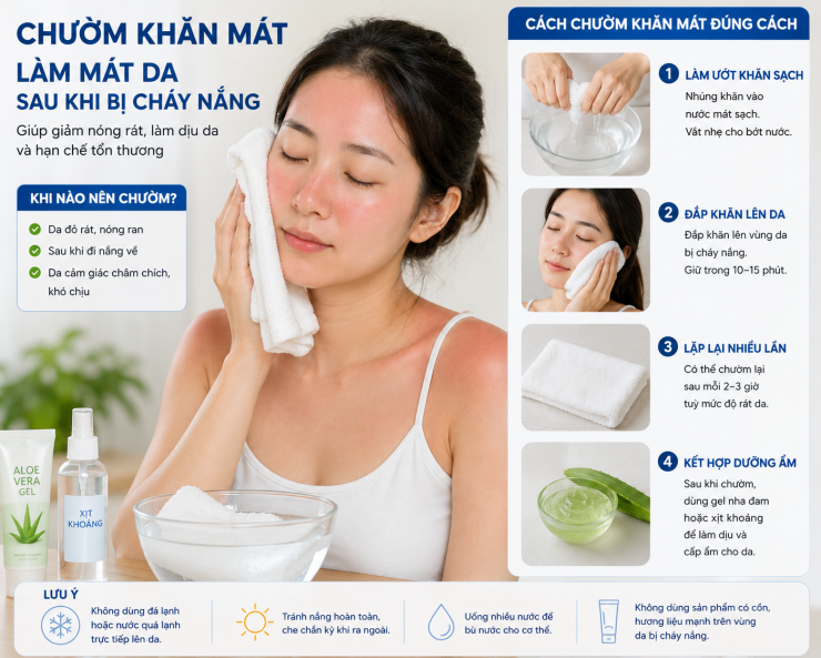 Chườm mát giúp da dịu sau khi tiếp xúc với nắng gắt.