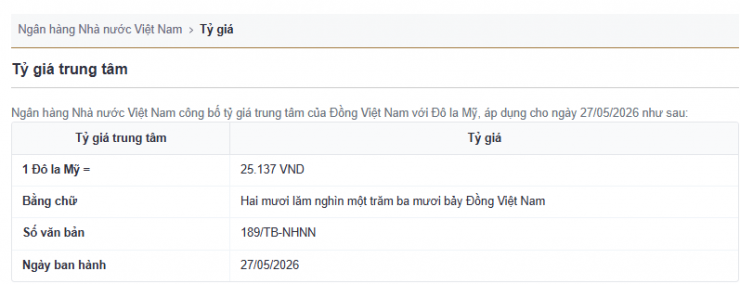 Tỷ giá trung tâm công bố ngày 27/5. Nguồn: sbv.