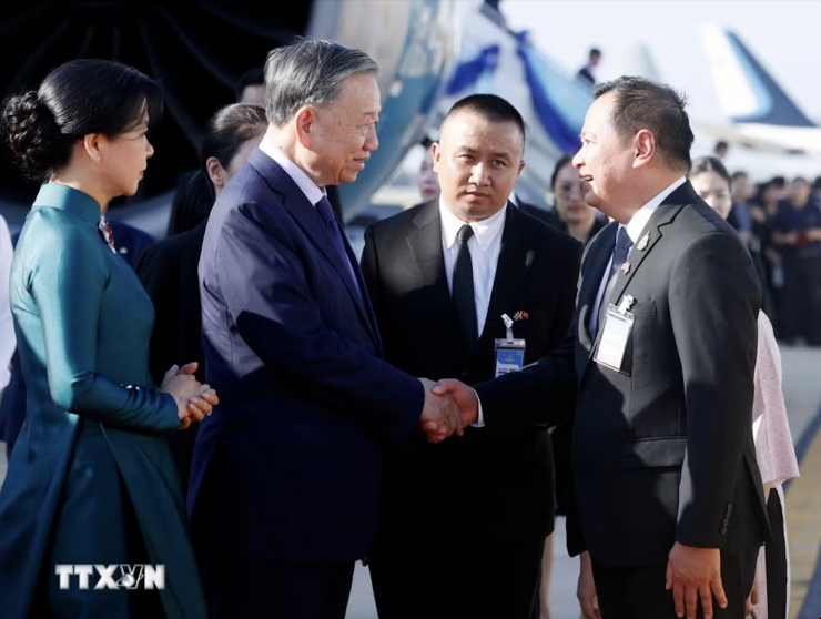Lễ đón Tổng Bí thư, Chủ tịch nước Tô Lâm và Phu nhân tại sân bay quân sự 2, Khu vực sân bay quốc tế Don Mueng. Ảnh: TTXVN
