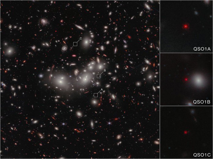 "Ba gương mặt" của QSO1, một chấm đỏ nhỏ từ vũ trụ sơ khai - Ảnh: NASA/ESA/CSA