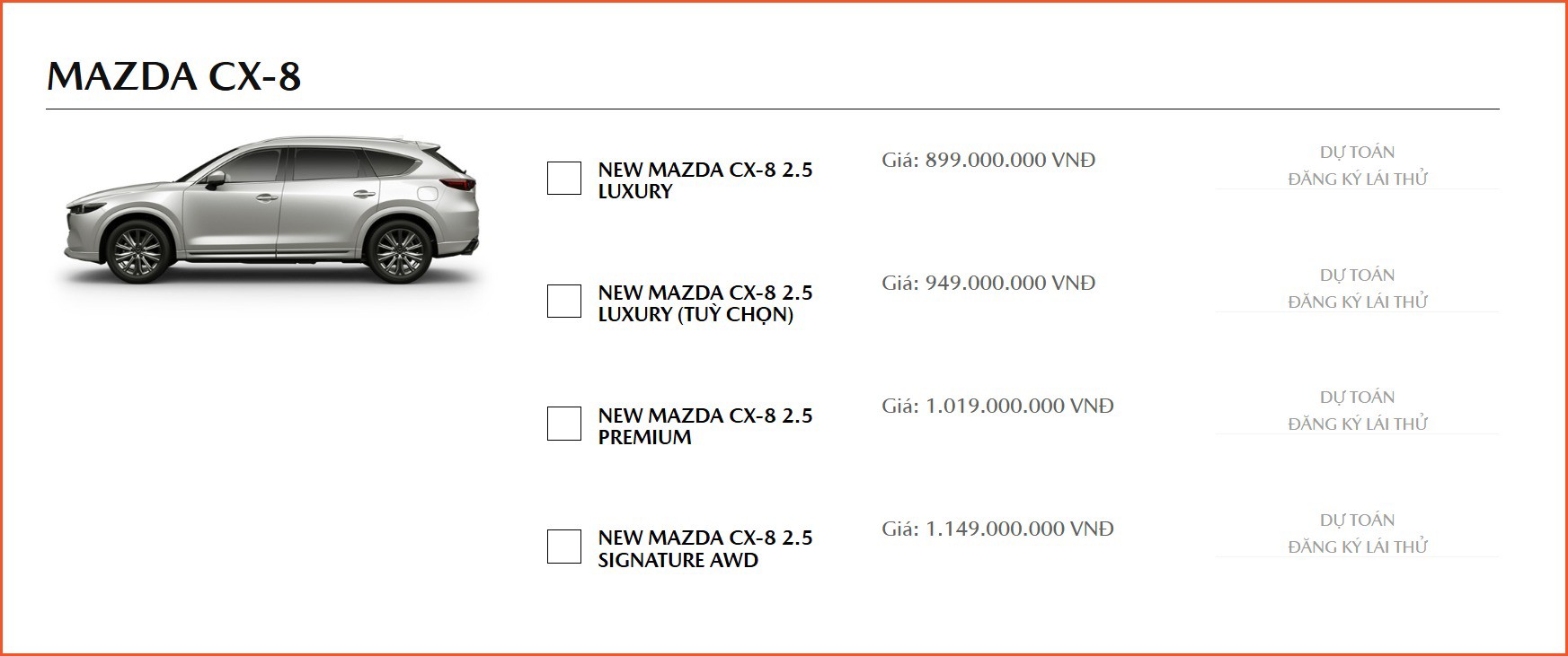 Bảng giá niêm yết các phiên bản của dòng xe Mazda CX-8 tại Việt Nam.