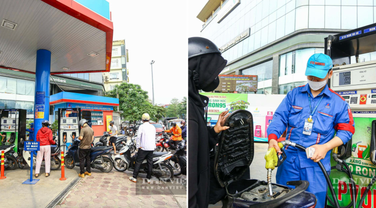 Người dân đổ xăng tại khu vực đường Hoàng Quốc Việt, Hà Nội (Ảnh: Khổng Chí).
