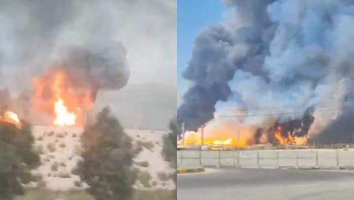 Khói và lửa bốc lên từ mỏ khí đốt tại Asaluyeh thuộc tỉnh Bushehr - Iran vào ngày 18-3. Ảnh: MXH