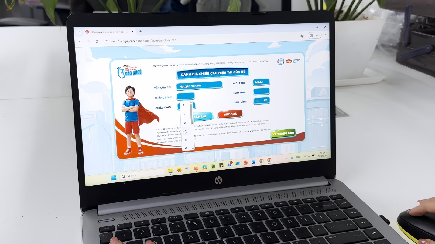 Giao diện đơn giản với khả năng truy cập dễ dàng của công cụ đánh giá chiều cao trên website “Vì một kỷ nguyên cao khoẻ”