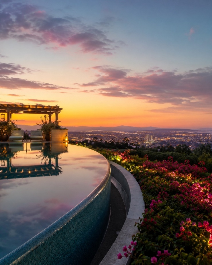 Bất động sản nằm trên khu đất rộng hơn 32.000 m2. Từ khu nhà có thể quan sát trung tâm Los Angeles, Thái Bình Dương và các ngọn núi xung quanh.