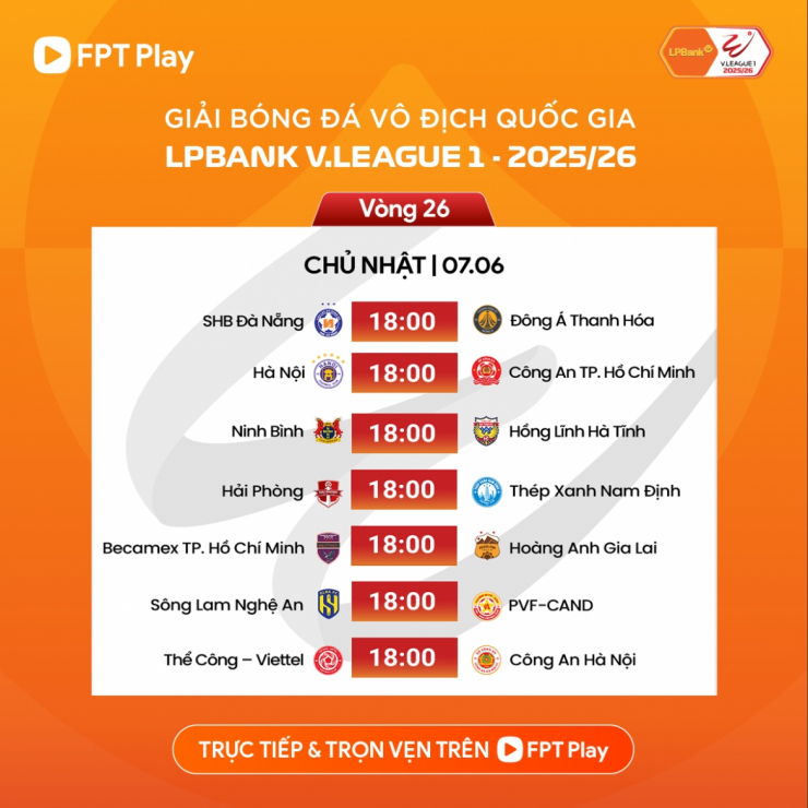 Lịch thi đấu vòng 26 V-League 2025/2026.