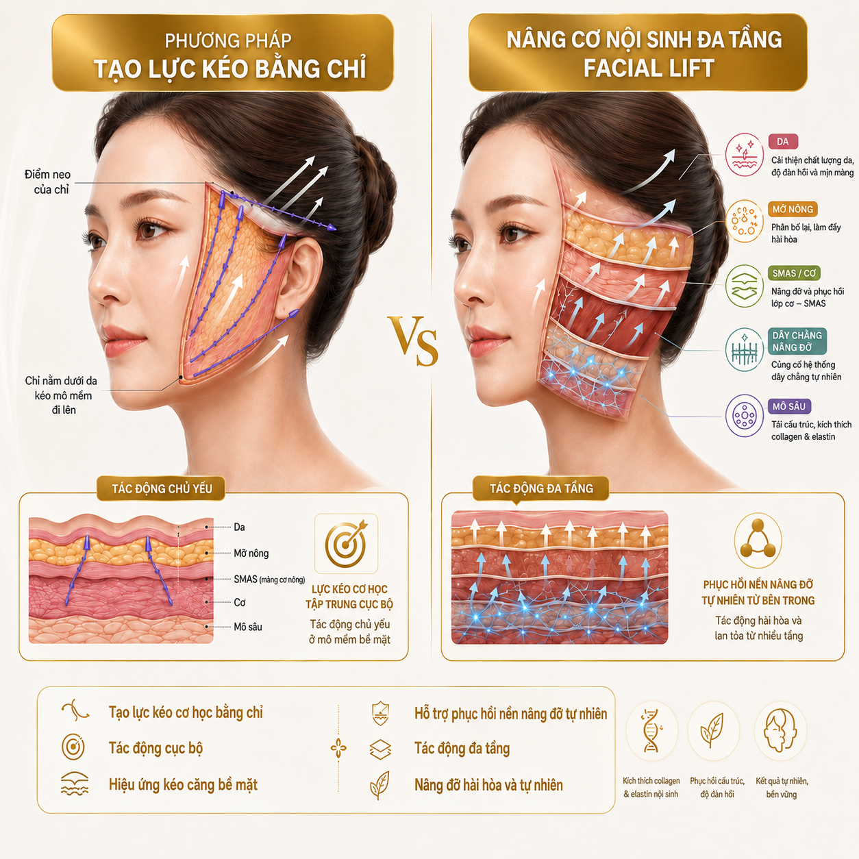 Hình minh họa sự khác biệt giữa phương pháp tạo lực kéo bằng chỉ và phương pháp hỗ trợ phục hồi nền nâng đỡ tự nhiên của gương mặt.