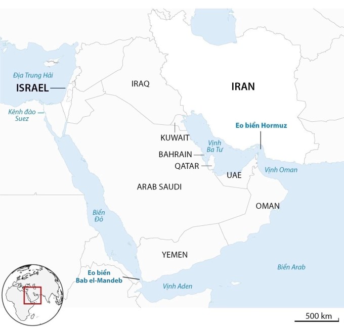 Vị trí eo biển Hormuz và các nước trong khu vực. Đồ họa: Guardian