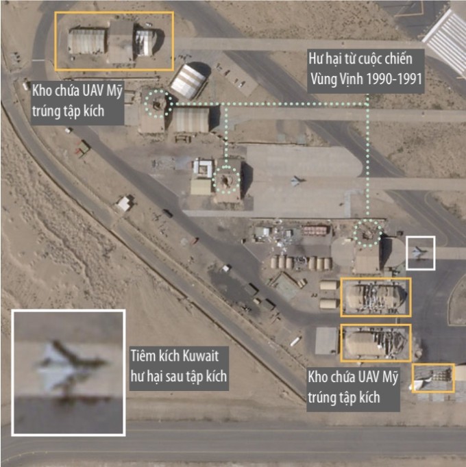 Ảnh vệ tinh nhà chứa UAV và tiêm kích hư hại ở căn cứ Ali Al-Salem của Kuwait. Ảnh: Planet Labs