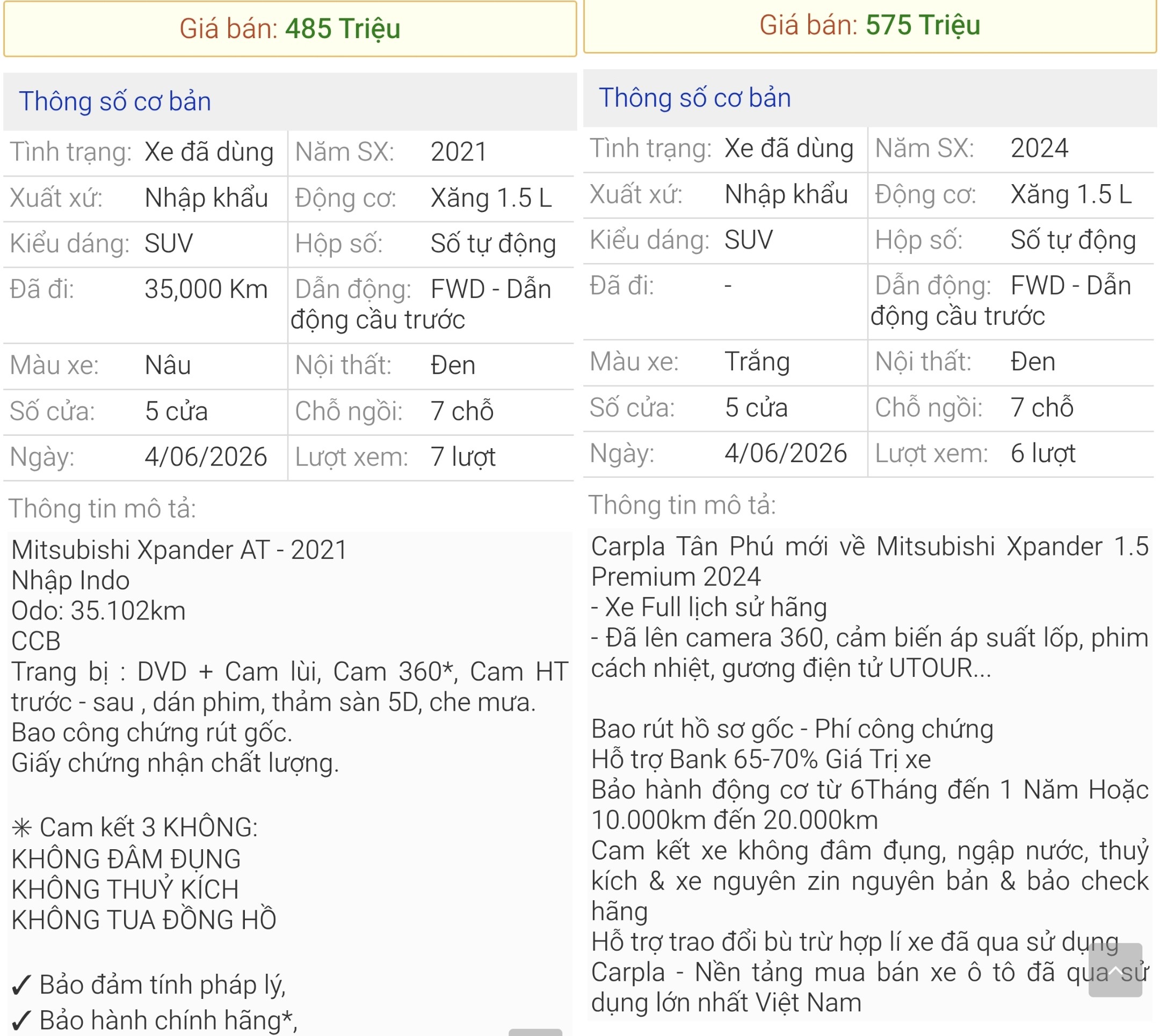 Thông số một vài xe đang được rao bán.