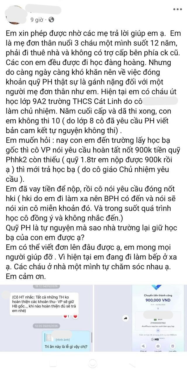 Xôn xao thông tin trường THCS Cát Linh giữ học bạ học sinh vì phụ huynh chưa đóng quỹ lớp - 1