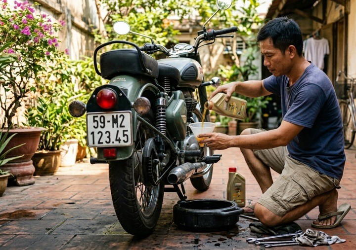 Việc thay dầu cho xe máy dễ thực hiện tại nhà. Ảnh: IG