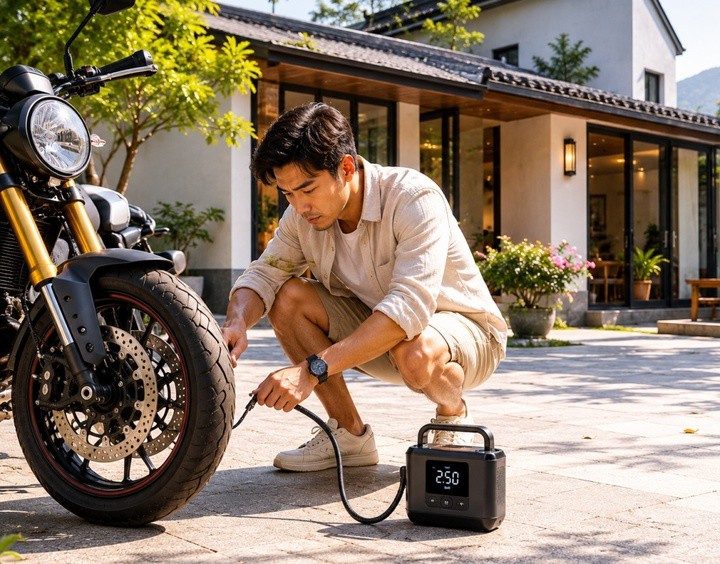 Chỉ cần một chiếc máy bơm cầm tay, bạn hoàn toàn có thể tự bơm xe tại nhà một cách nhẹ nhàng. Ảnh: AI