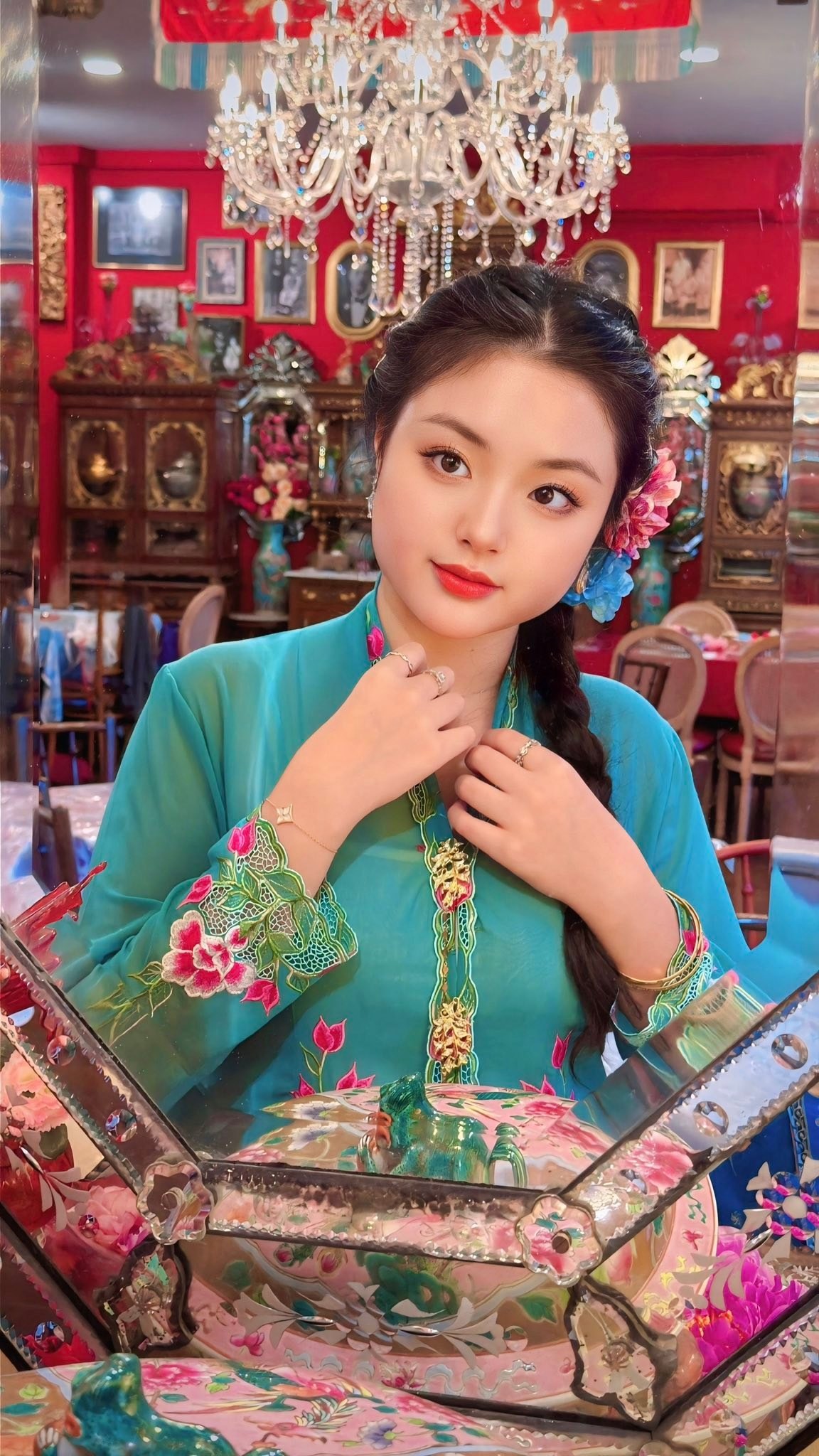 Trong không gian mang đậm nét hoài cổ với nội thất gỗ chạm trổ, hai mẹ con Thúy Hạnh cùng khoe sắc trong trang phục truyền thống vùng Đông Nam Á. Nếu cựu siêu mẫu ghi điểm bởi vẻ mặn mà, sang trọng của người phụ nữ trưởng thành, thì Suti lại gây bất ngờ với diện mạo thanh tú và phong thái tự tin trước ống kính.