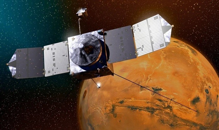 Tàu vũ trụ MAVEN của NASA, hiện đã mất liên lạc một cách bí ẩn khi bay quanh hành tinh đỏ - Ảnh: NASA