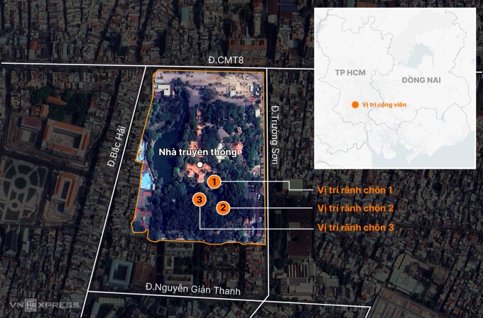 Vị trí 3 rãnh trong công viên Lê Thị Riêng nghi là nơi chôn tập thể các chiến sĩ trong chiến dịch Mậu Thân 1968. Đồ họa: Khánh Hoàng