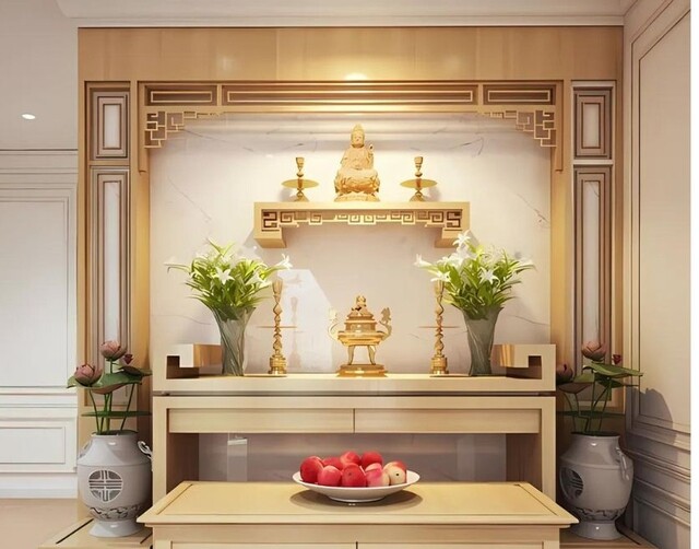 Với các căn chung cư nhỏ, nhiều người sẽ chọn kết hợp bàn thờ Phật cùng với bàn thờ gia tiên.