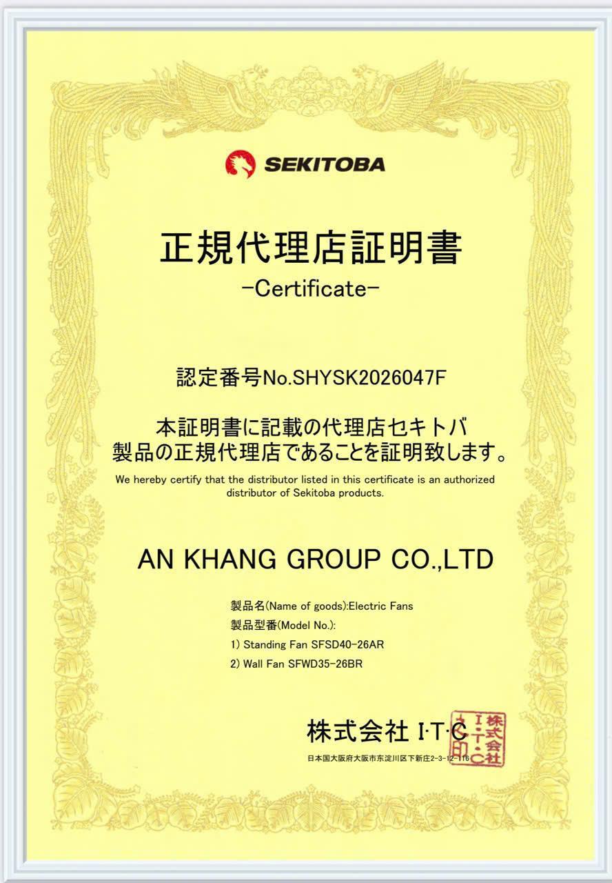 Giấy chứng nhận phân phối quạt điện SEKITOBA của An Khang Group Việt Nam
