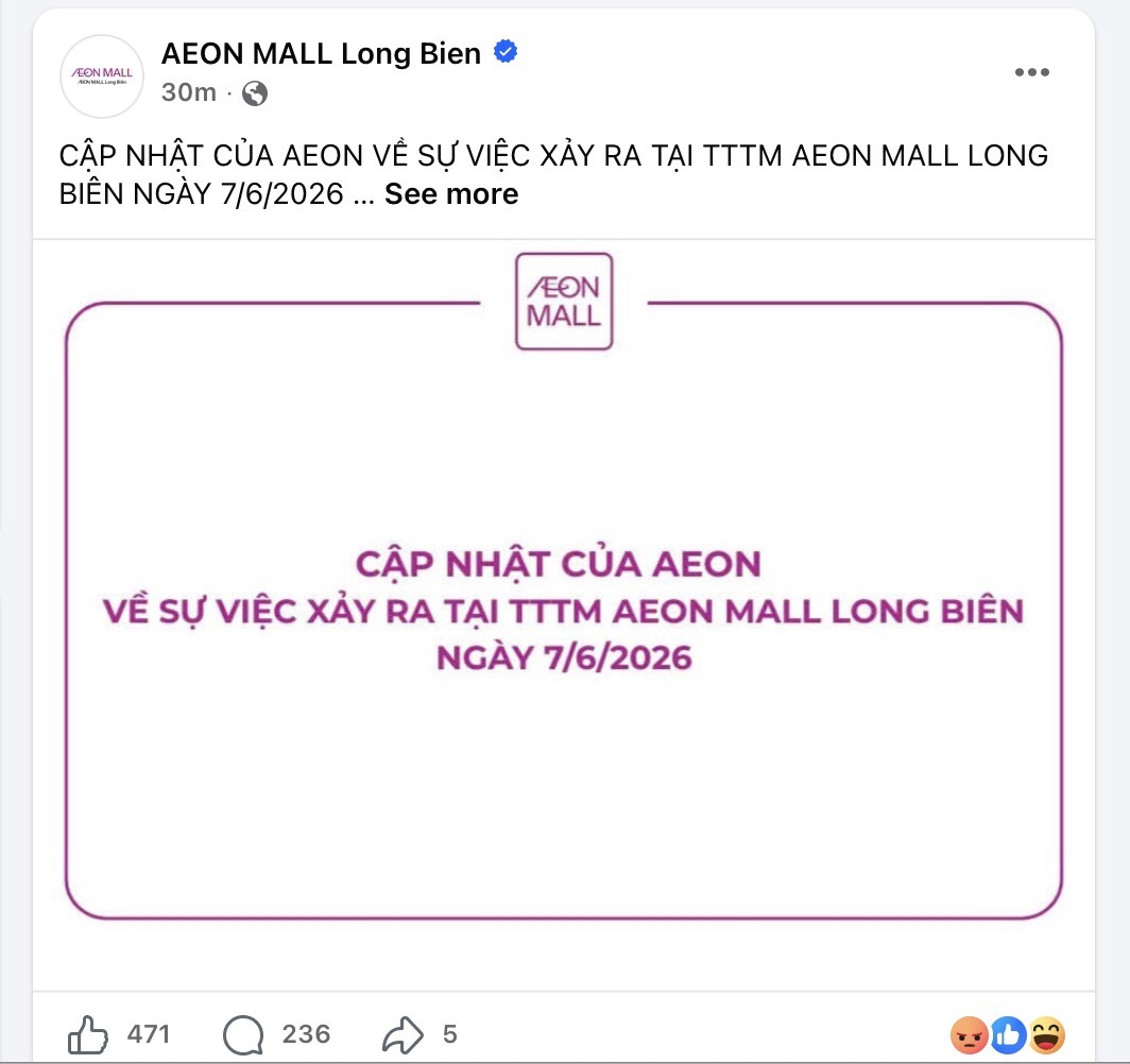 Bài cập nhật thông tin lần 2 của Aeon Mall Long Biên nhận hơn một nửa lượt tương tác là "phẫn nộ".