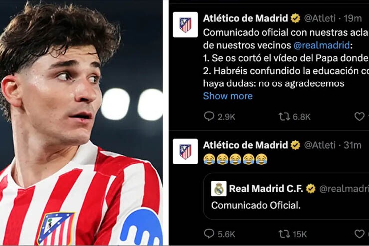 Atletico chế giễu Real Madrid vụ vồ hụt Alvarez: "Các bạn còn hài hước hơn Barca"