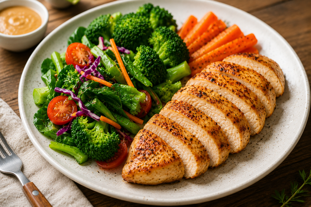 Kết hợp cá hồi cùng rau củ, món ăn này tạo nên sự cân bằng giữa protein, chất béo tốt và chất xơ.