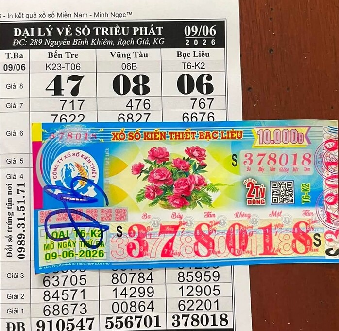 Giải độc đắc của vé số Bạc Liêu được đổi tại đại lý ở tỉnh An Giang. Ảnh: Đại lý vé số Triều Phát
