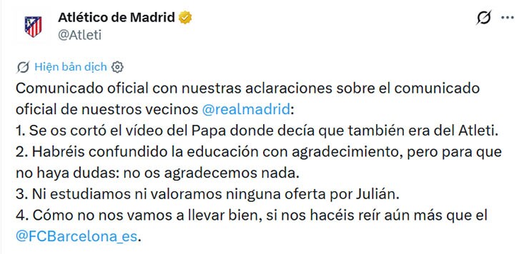 Atletico Madrid không ngần ngại chế giễu Real Madrid