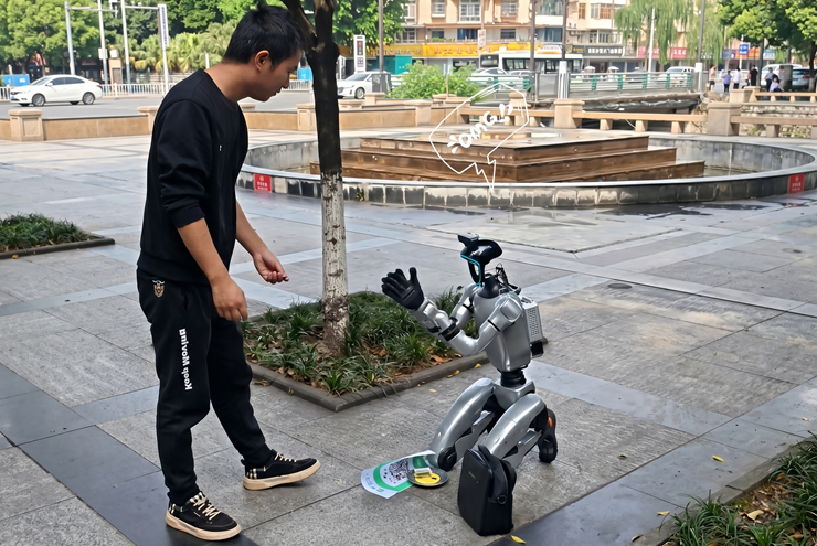 Hình ảnh về robot đi ăn xin ở vỉa hè Trung Quốc.