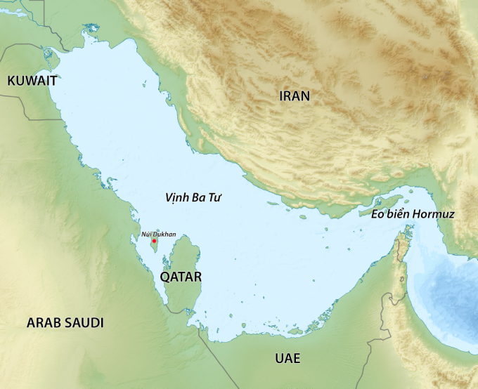 Vị trí núi Dukhan (chấm đỏ) tại Bahrain. Đồ họa: Wikimedia