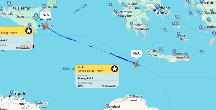 Hai máy bay P-8A Poseidon của Hải quân Mỹ ngày 10-6 cất cánh từ Căn cứ Không quân Hải quân Sigonella tại đảo Sicily - Ý và bay về hướng Đông. Ảnh: ItaMilRadar