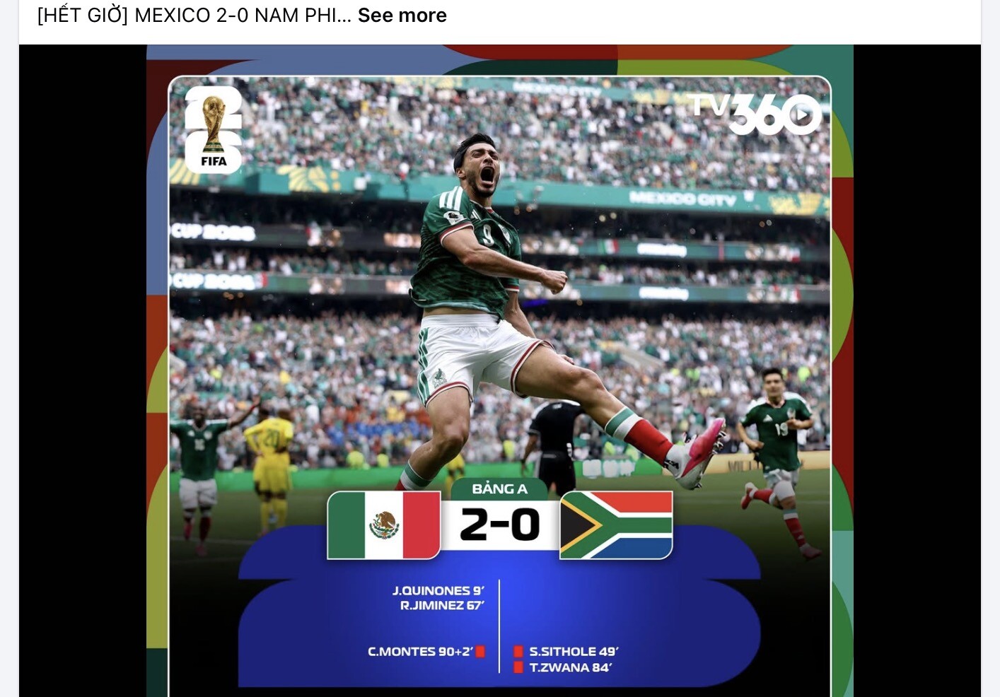Kết thúc trận đấu, tỷ số 2 - 0 nghiêng về Mexico.